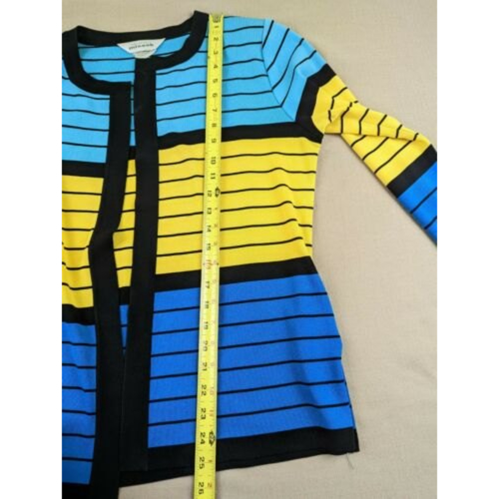 Exclusively Misook Womens M Blue Yellow Striped Acrylic Open Cardigan Sweater - Picture 11 of 12
